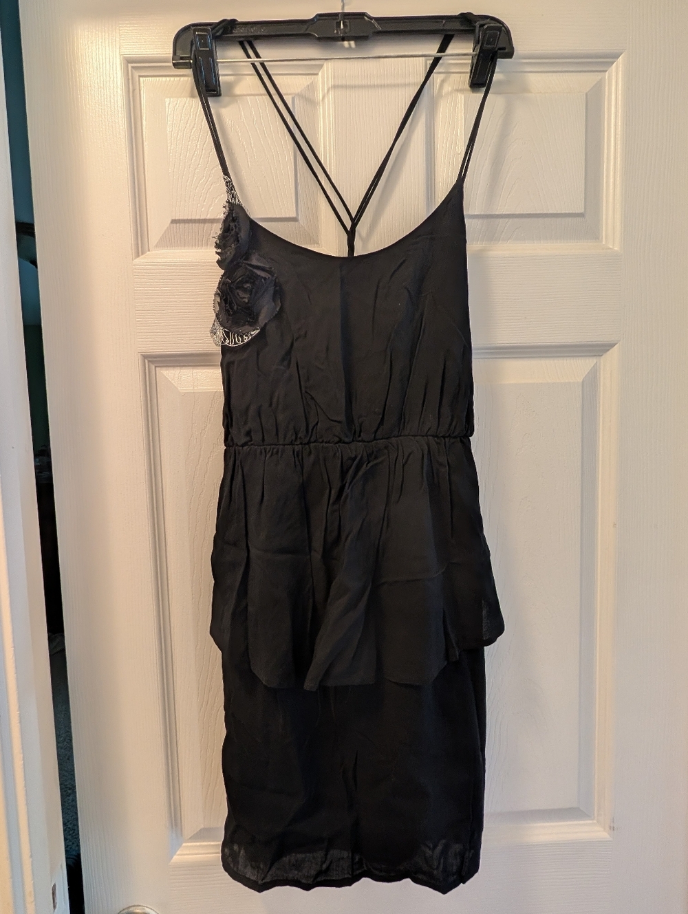 Wet Seal Black Spaghetti-Strap Tiered Dress with Floral Applique Size M